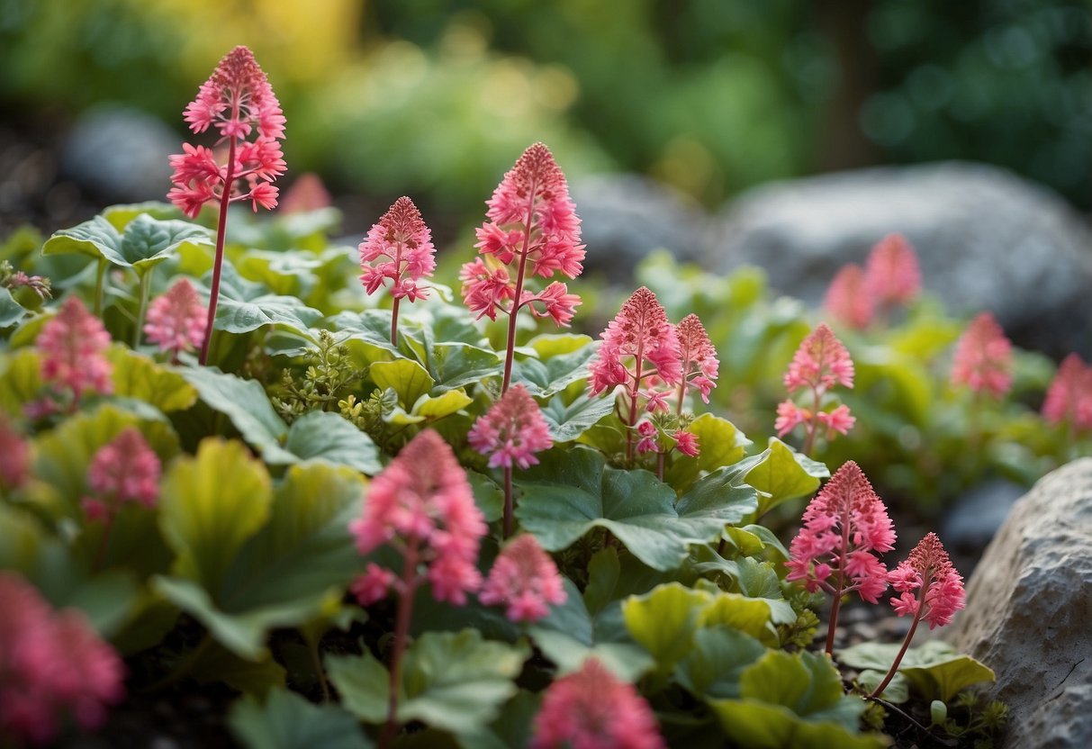 Colorful coral bells cascade over rocky garden, surrounded by vibrant plants, creating a lush and inviting rock garden scene