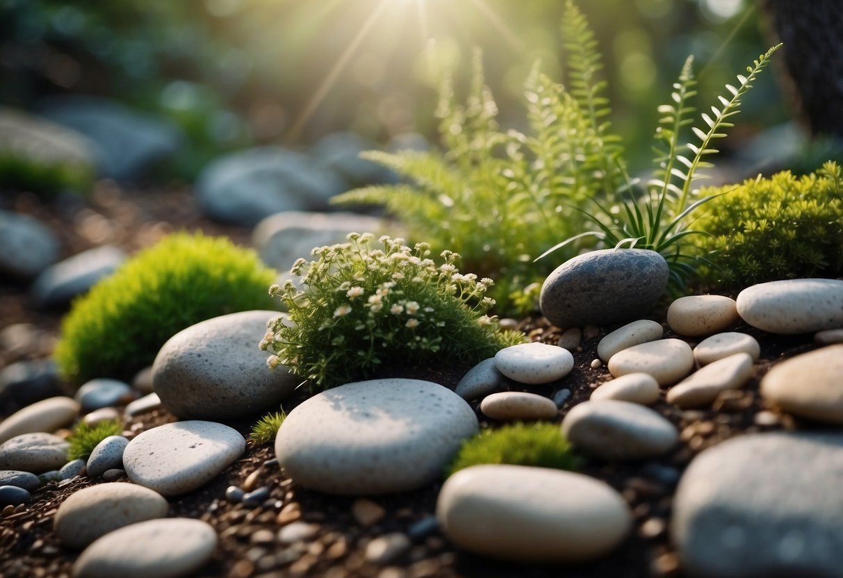 A serene rock garden with carefully arranged plants and stones, creating a peaceful and harmonious landscape