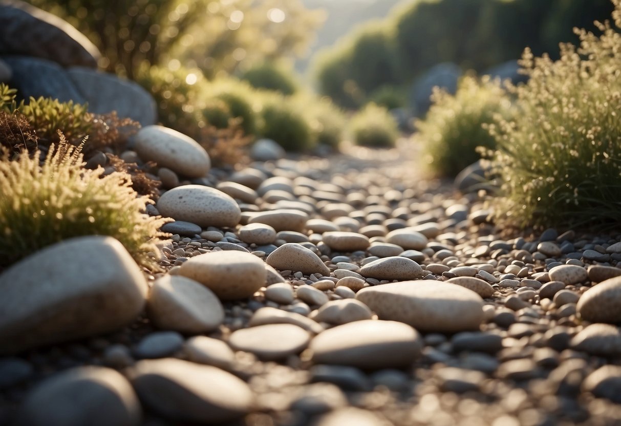 A serene stone pathway winds through a dry river bed, bordered by carefully arranged rocks and Zen garden elements