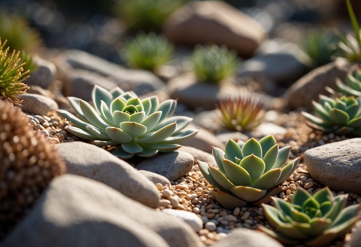 A dry river bed winds through a rock garden, with succulents and small rocks scattered along the edges