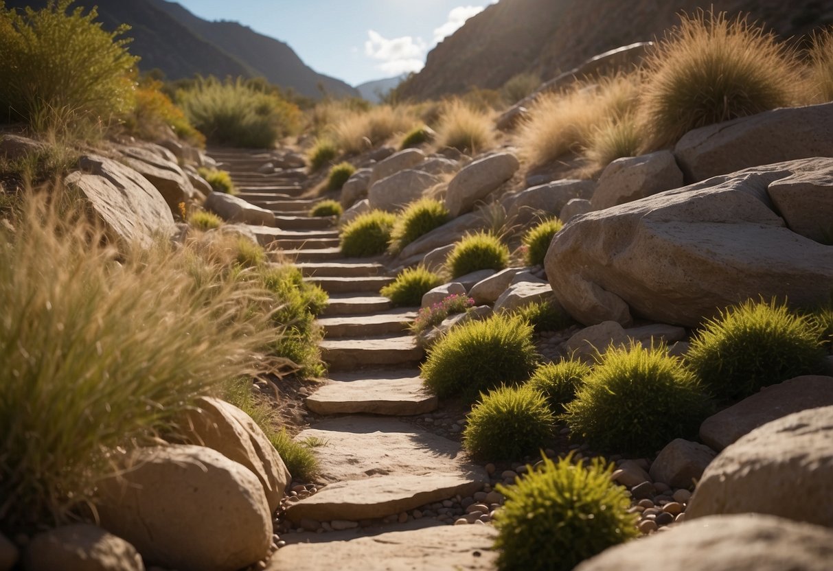 A dry river bed winds through a boulder-strewn rock garden, with steps carved into the stone for easy navigation