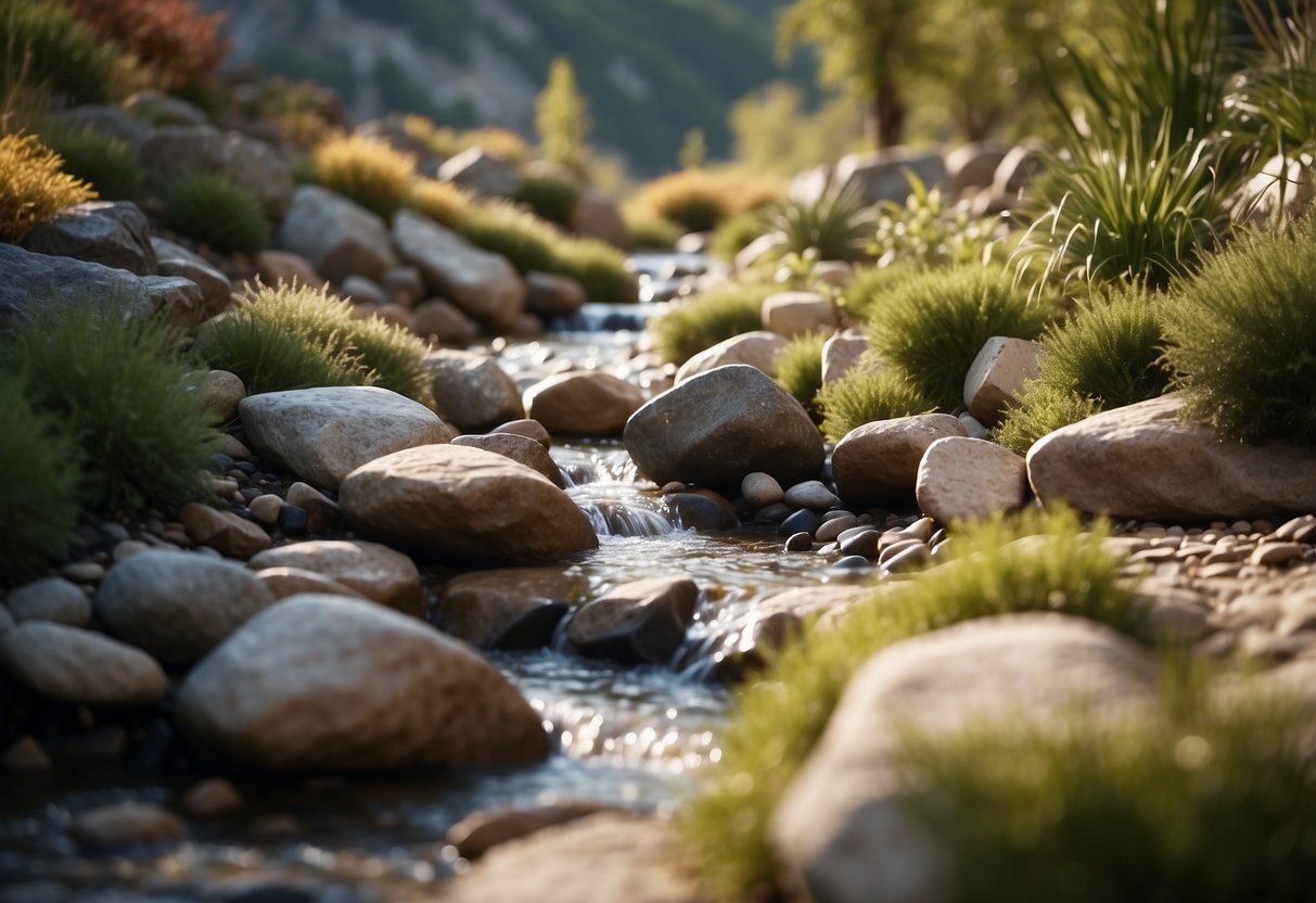 Terraced rock beds cascade down a dry river bed, creating a stunning rock garden landscape