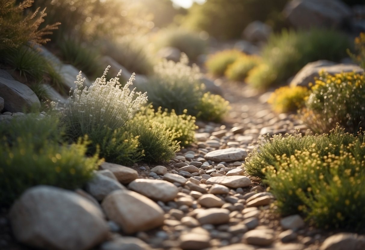 A winding gravel path cuts through a dry river bed, surrounded by rocks and plants, creating a serene rock garden landscape