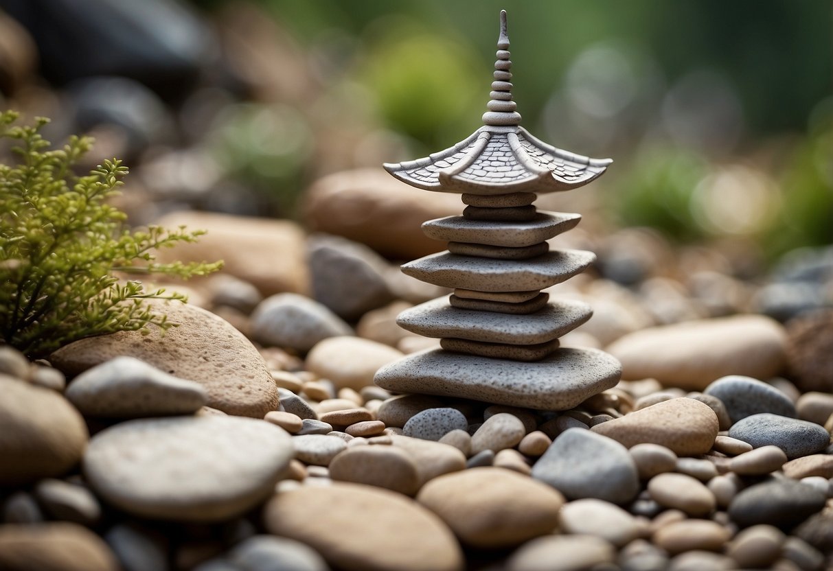 A miniature stone pagoda sits in a dry river bed surrounded by carefully arranged rocks, creating a tranquil and serene rock garden scene