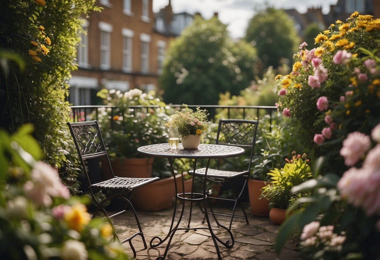 A cozy bistro set sits in a lush garden in London, surrounded by colorful flowers and greenery, with a charming view of the city in the background