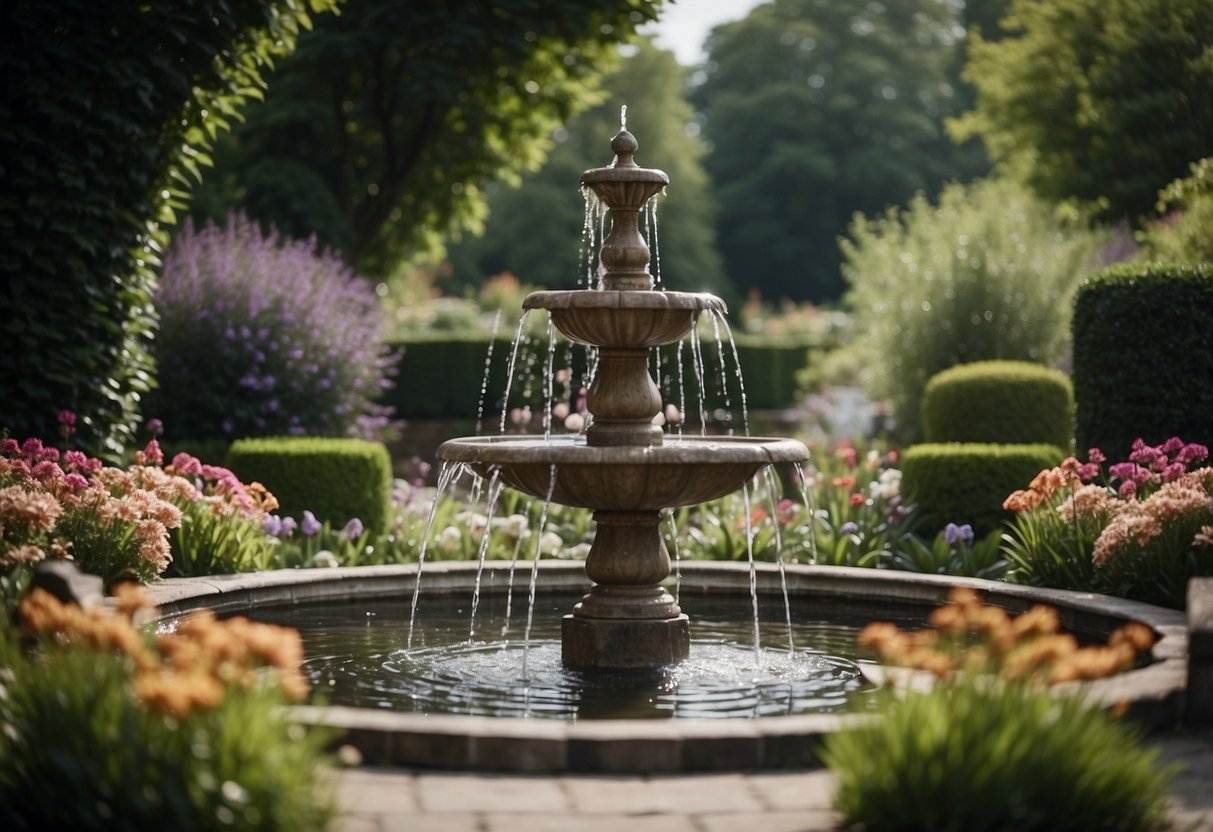 A front garden in London with a water feature, such as a fountain or pond, surrounded by lush greenery and colorful flowers