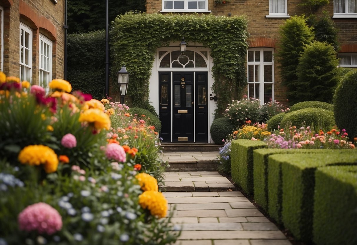 A neatly manicured front garden with colorful flowers lining the pathway leading to the front door of a London townhouse. Tall hedges and a small fountain add to the charming ambiance