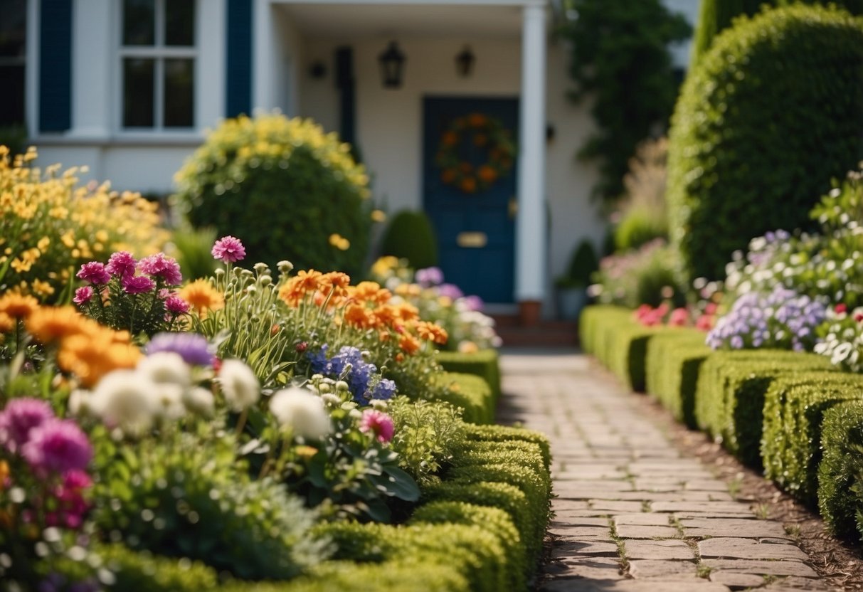 A colorful array of flowers and plants line the front garden, with neatly trimmed hedges and a welcoming pathway leading to the front door