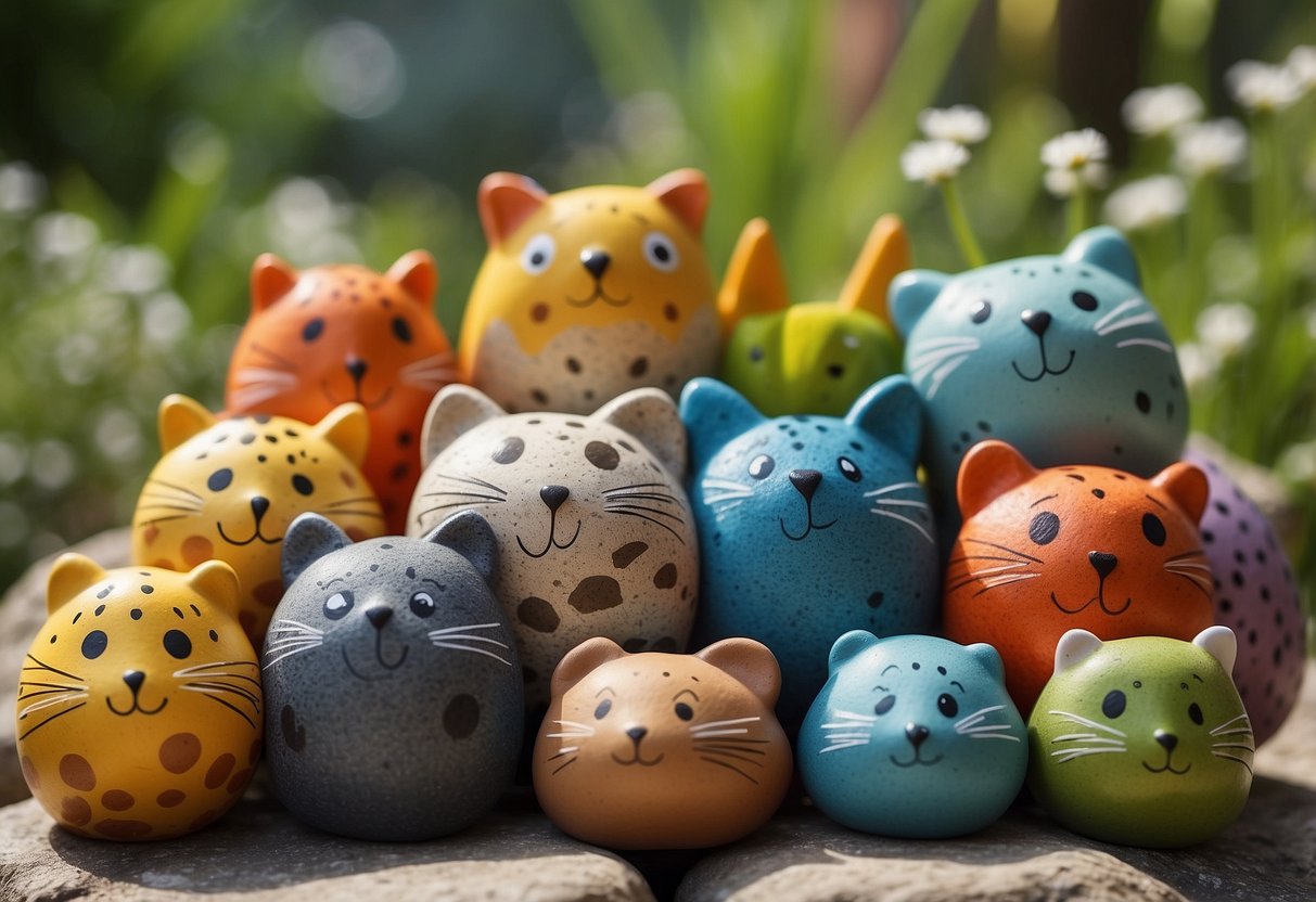 Colorful rock animals arranged in a playful garden setting. Various sizes and shapes, with smiling faces and bright patterns