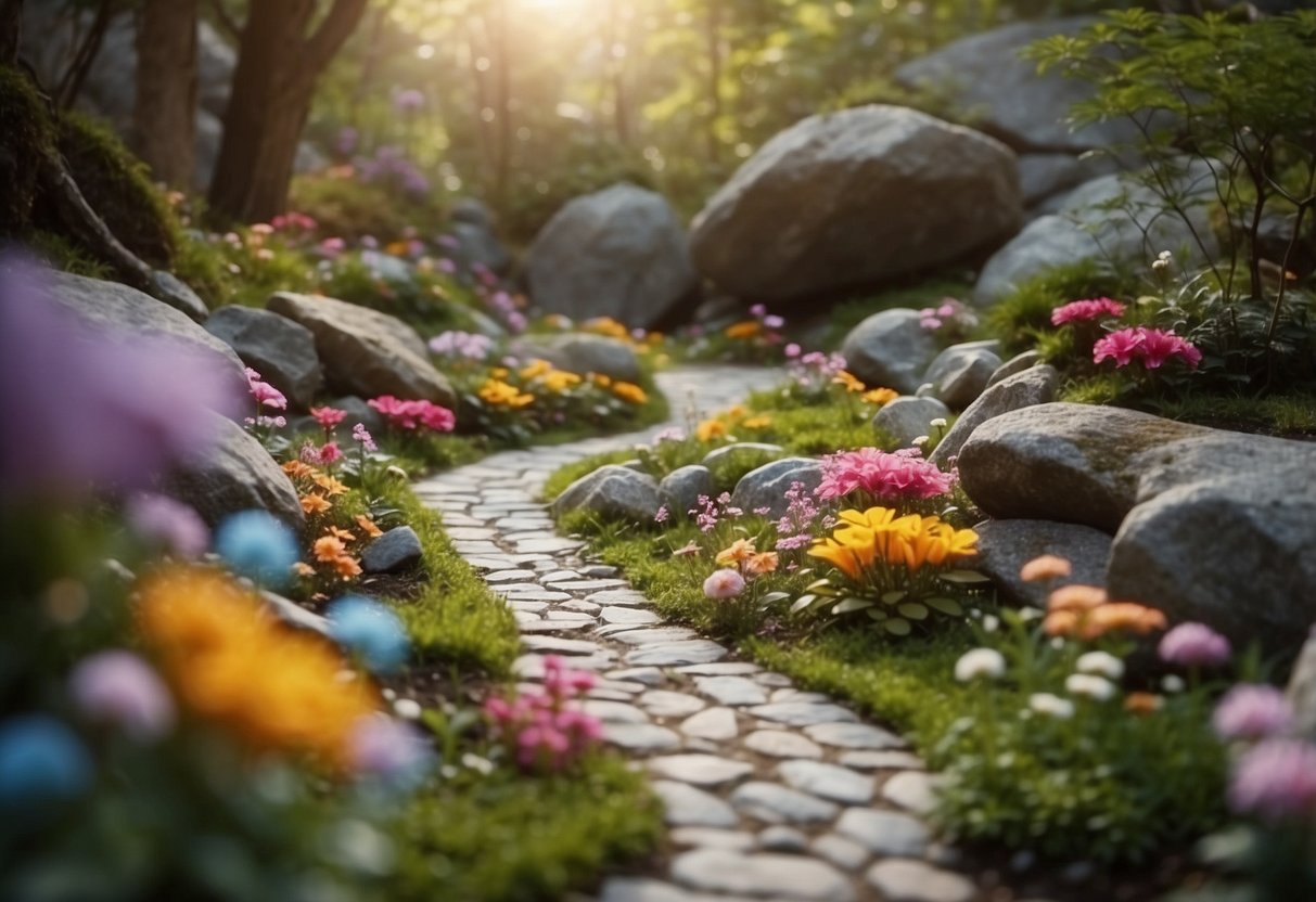 A winding rock path leads through a magical fairy garden, with colorful flowers and whimsical decorations scattered among the rocks