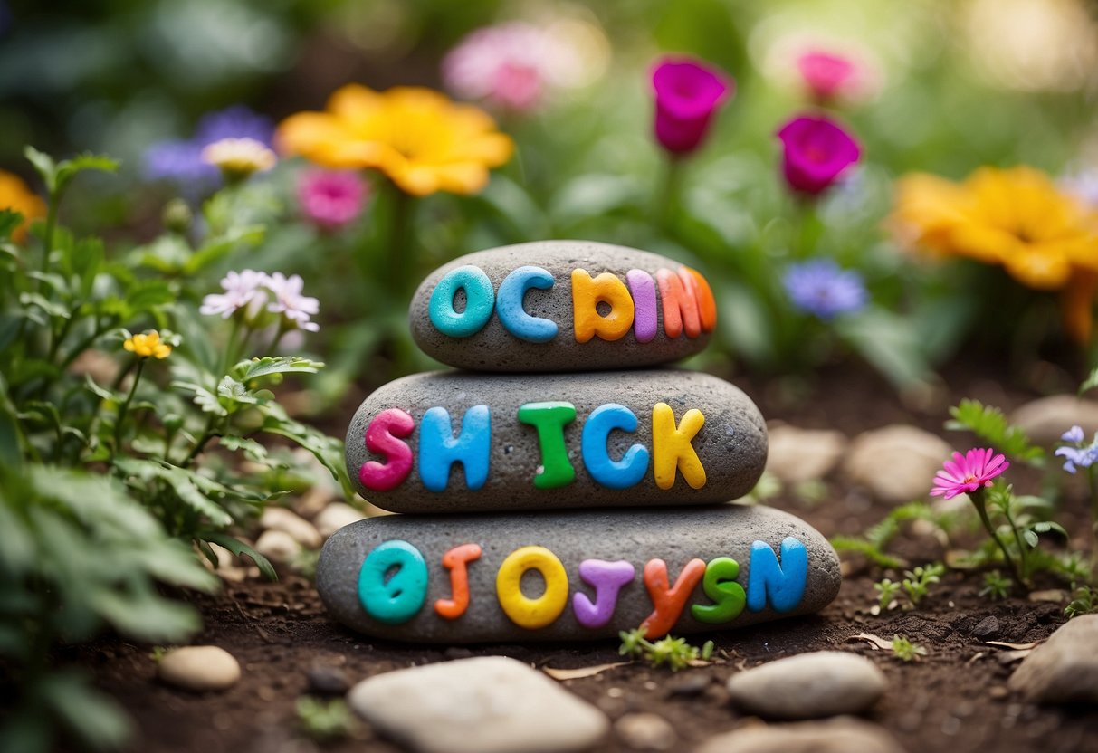 Colorful alphabet painted rocks arranged in a garden, surrounded by vibrant flowers and greenery. A playful and educational space for kids to explore and learn