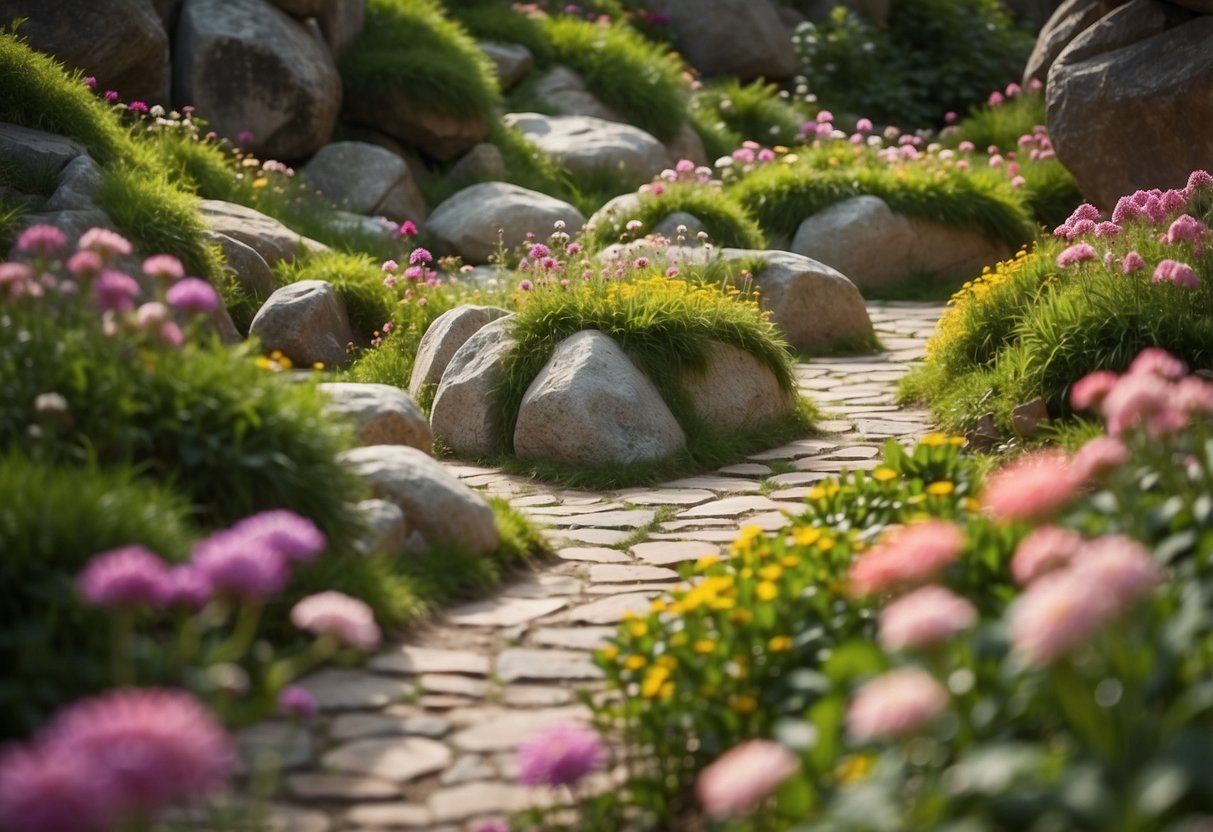 A twisting maze of large rocks, surrounded by vibrant flowers and greenery. A small path winds through the maze, leading to hidden nooks and crannies for kids to explore and play