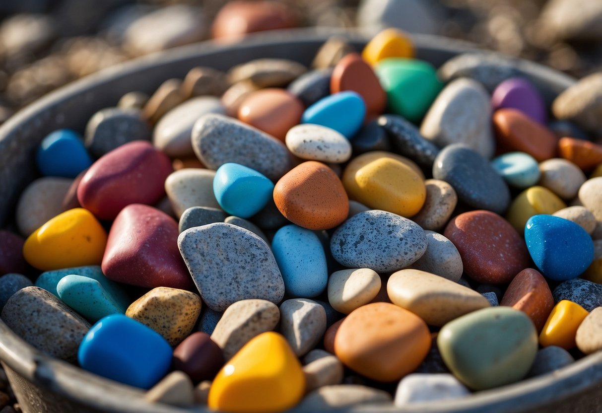 Colorful rocks arranged in a shallow bin with small shovels and containers. A variety of textures and shapes for sensory exploration