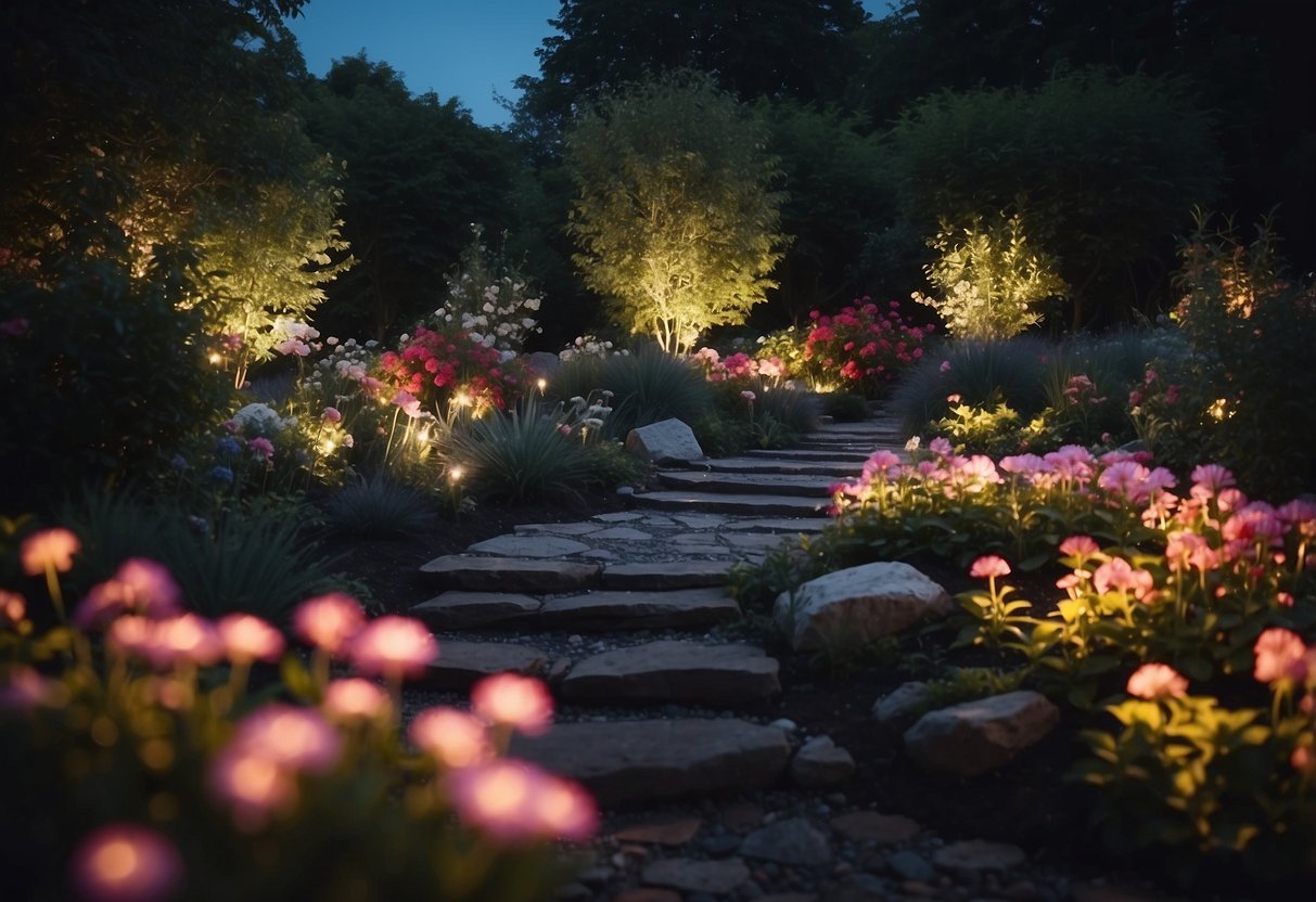 A garden at night with glowing rocks scattered among colorful plants and flowers