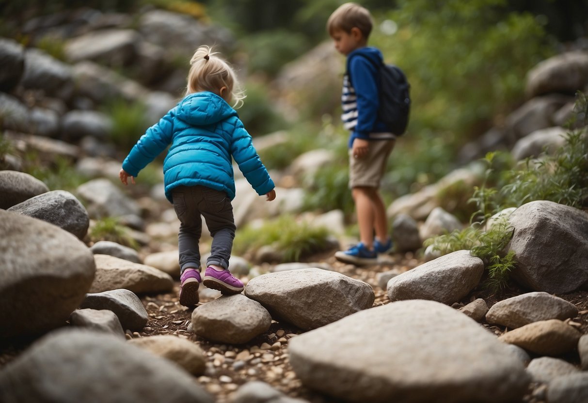 Children explore rock garden, following safety tips: wear closed-toe shoes, watch for loose rocks, and avoid climbing on unstable formations