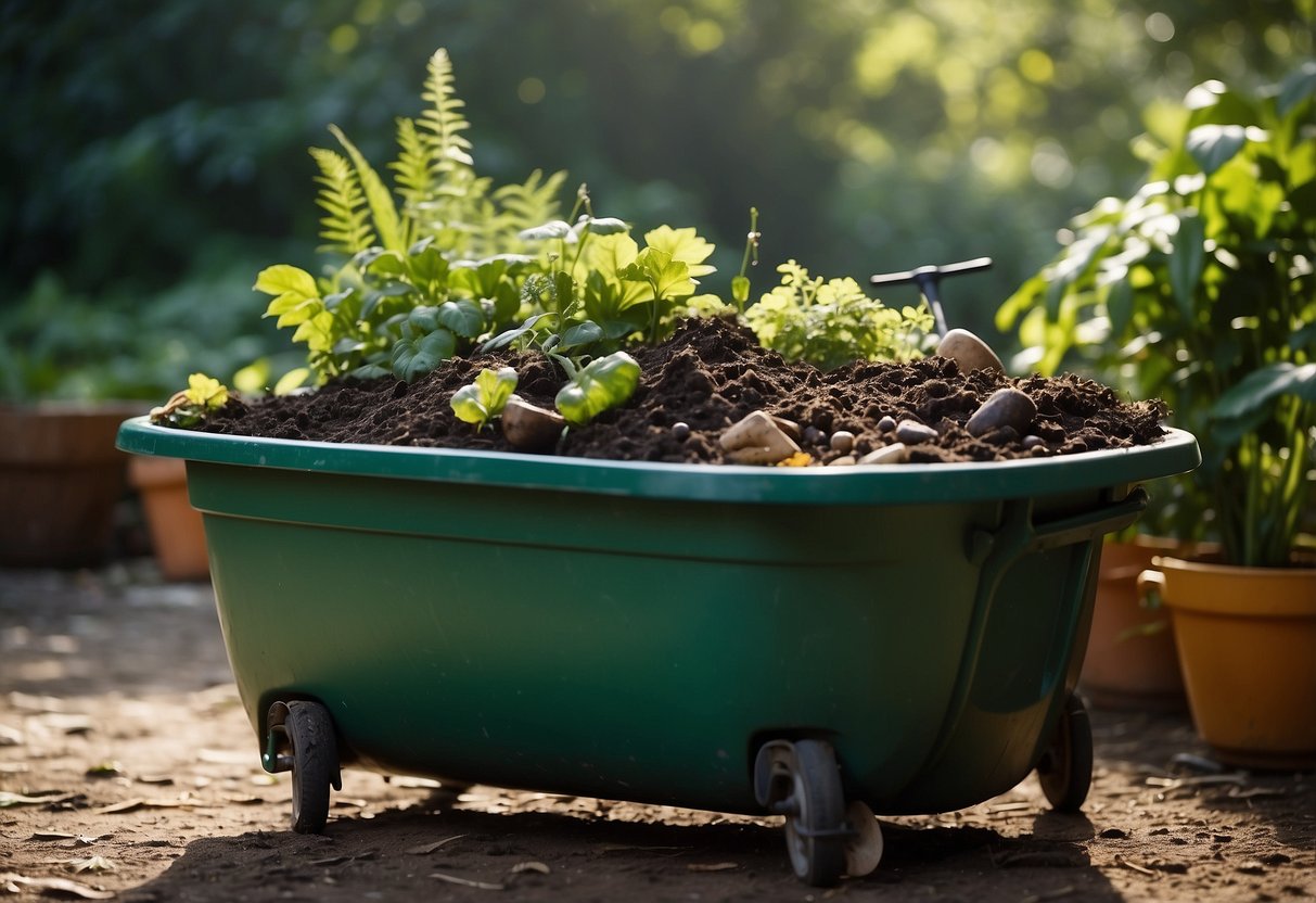 A portable compost bin sits inside an old bathtub, surrounded by lush greenery and various garden tools. The bin is open, filled with organic waste and turning into nutrient-rich soil