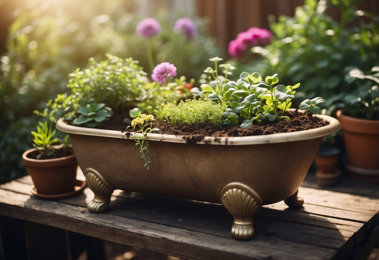 A vintage bathtub filled with soil, sprouting vibrant green plants. Surrounding it are rustic gardening tools and colorful pots, creating a charming and cozy garden space