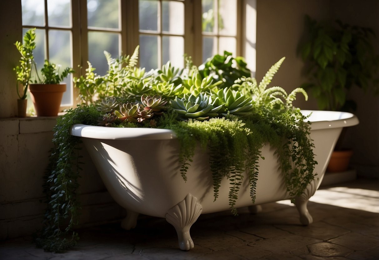 Lush greenery spills over the edges of an old bathtub, filled with vibrant succulents, ferns, and trailing vines. The sun filters through the leaves, casting dappled shadows on the porcelain surface