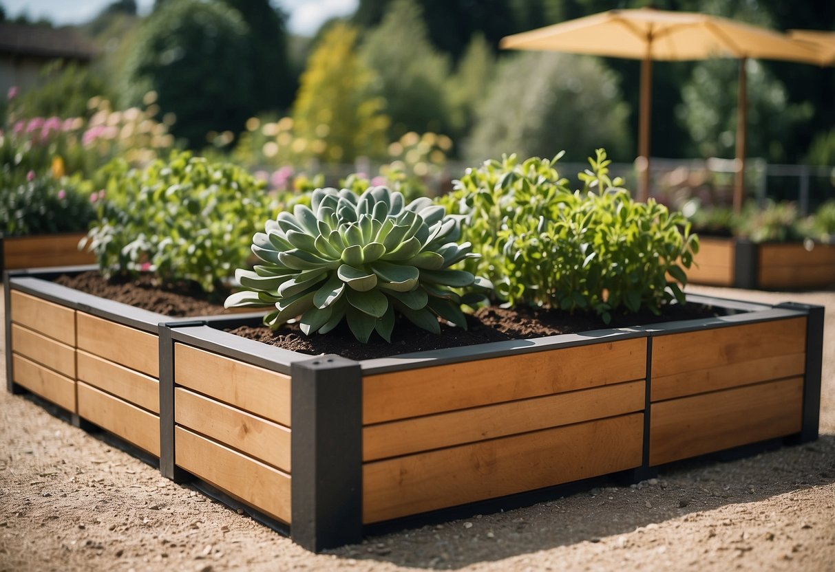 Raised planter beds arranged in a garden, made with breeze blocks