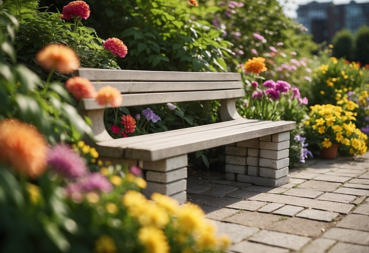 A garden bench made of breeze blocks surrounded by lush greenery and colorful flowers