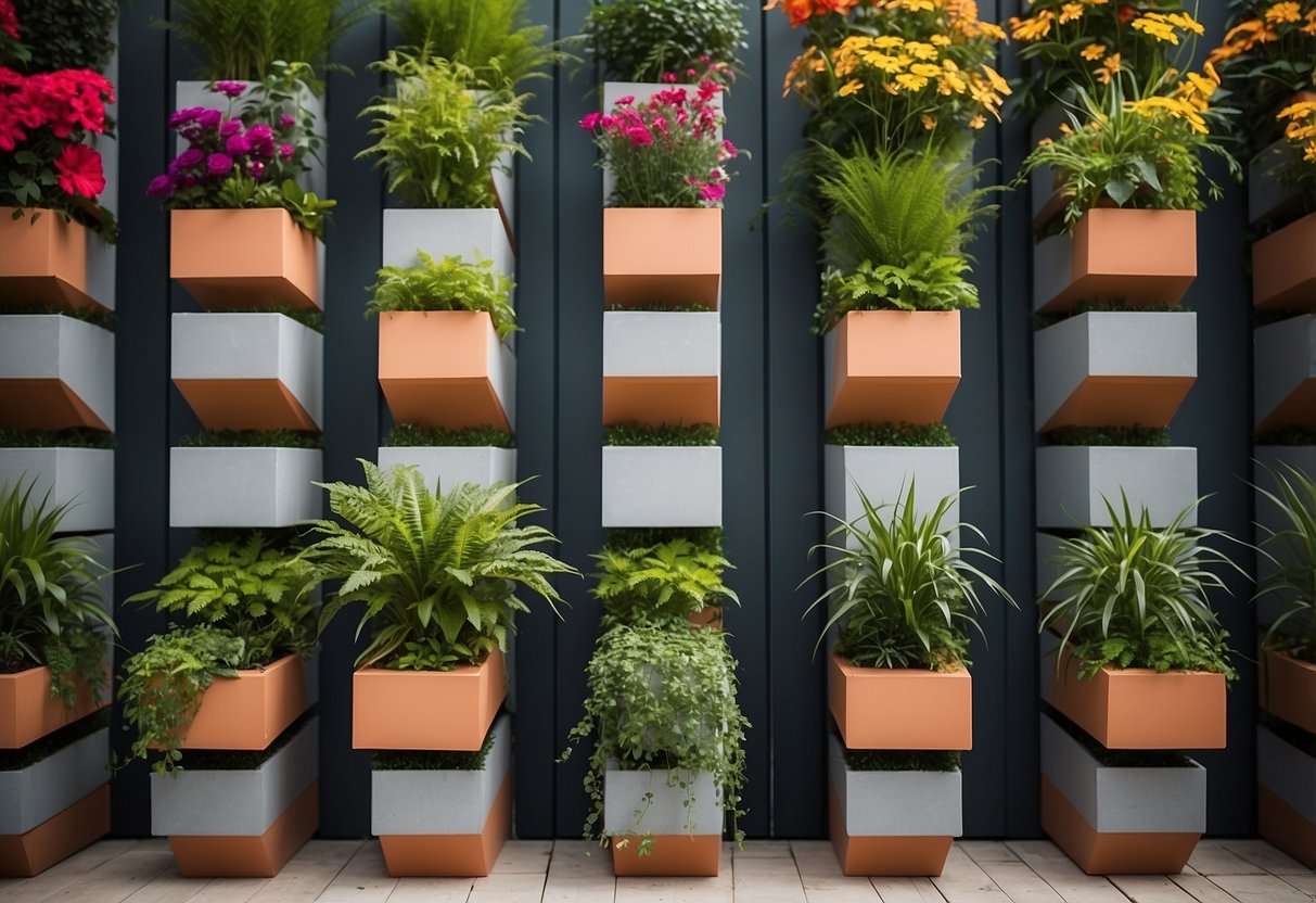 A vertical garden with breeze block planters, filled with vibrant flowers and greenery, creating a stunning and space-saving garden feature