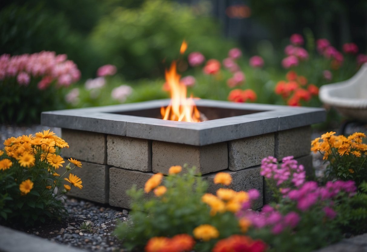 A backyard fire pit made of breeze blocks surrounded by lush greenery and colorful flowers