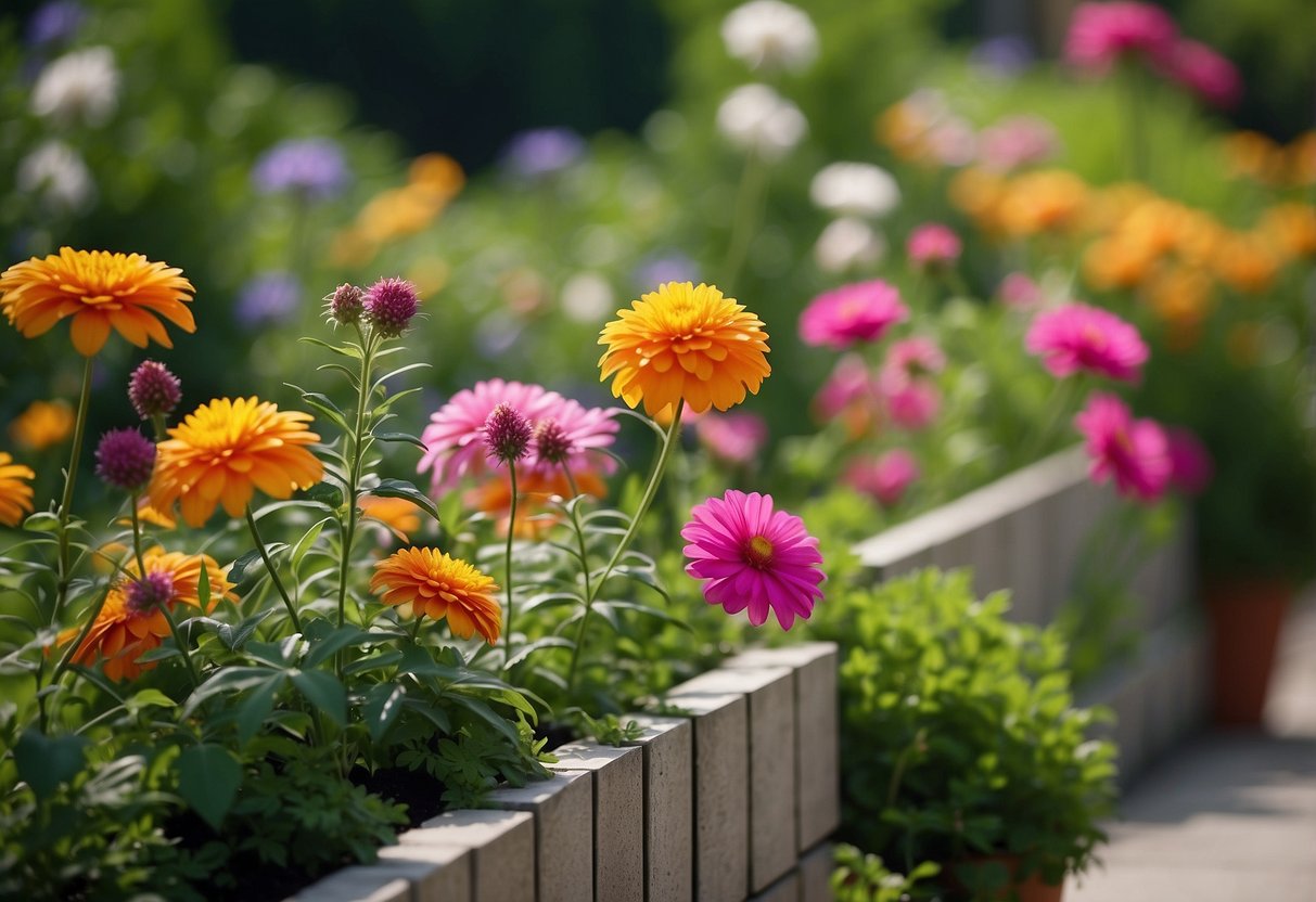 A decorative garden fence made of breeze blocks surrounds a lush garden, with colorful flowers and greenery