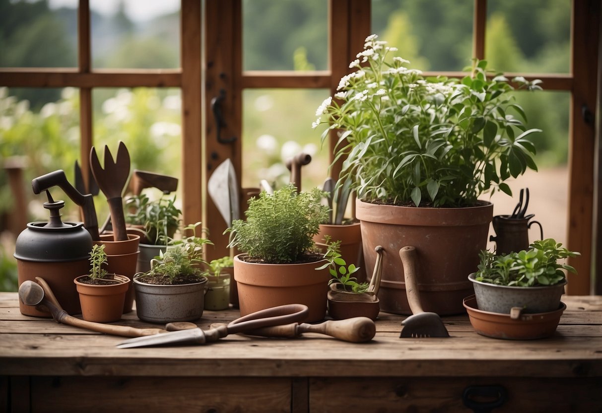 A display of vintage garden tools arranged on a wooden table in a rustic farmhouse setting, surrounded by potted plants and gardening supplies