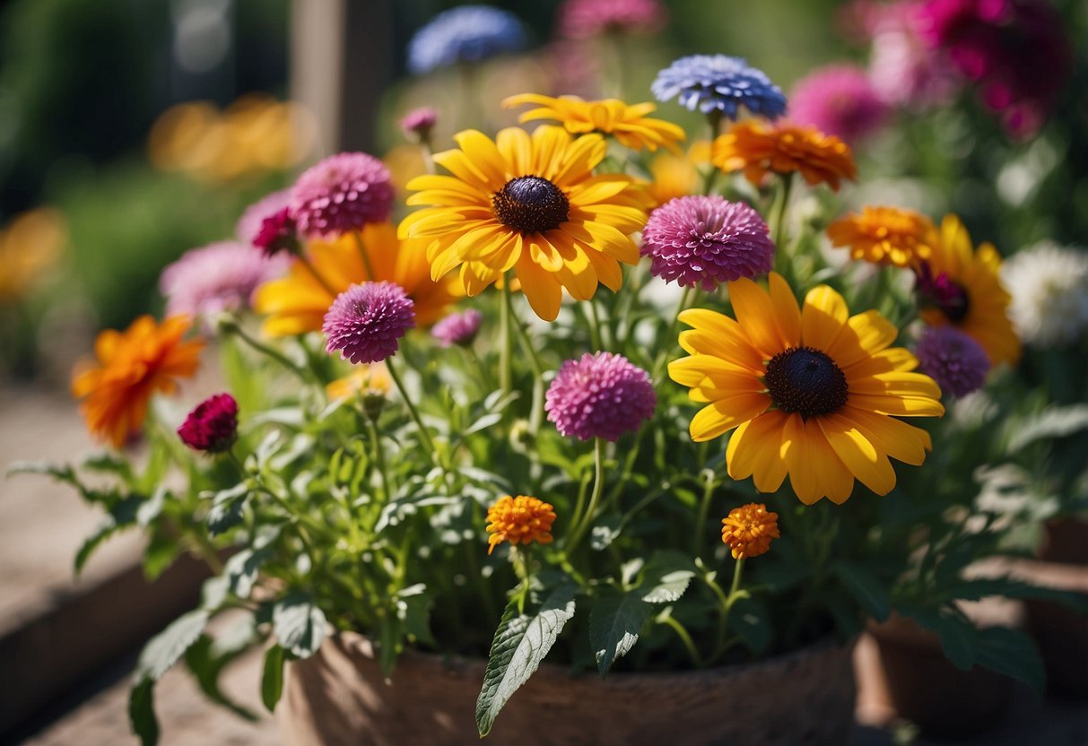 Vibrant flowers in various hues fill the farmhouse garden, creating a colorful and lively floral arrangement