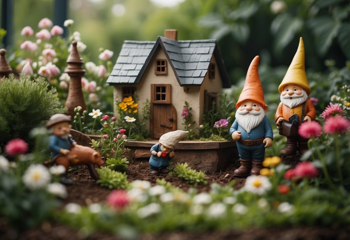 A collection of garden gnomes arranged in a farmhouse garden, surrounded by blooming flowers and lush greenery