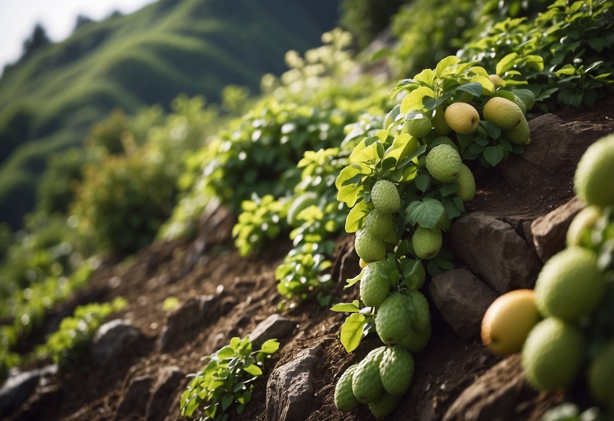 Lush fruit bushes cascade down terraced garden on a sloping hillside