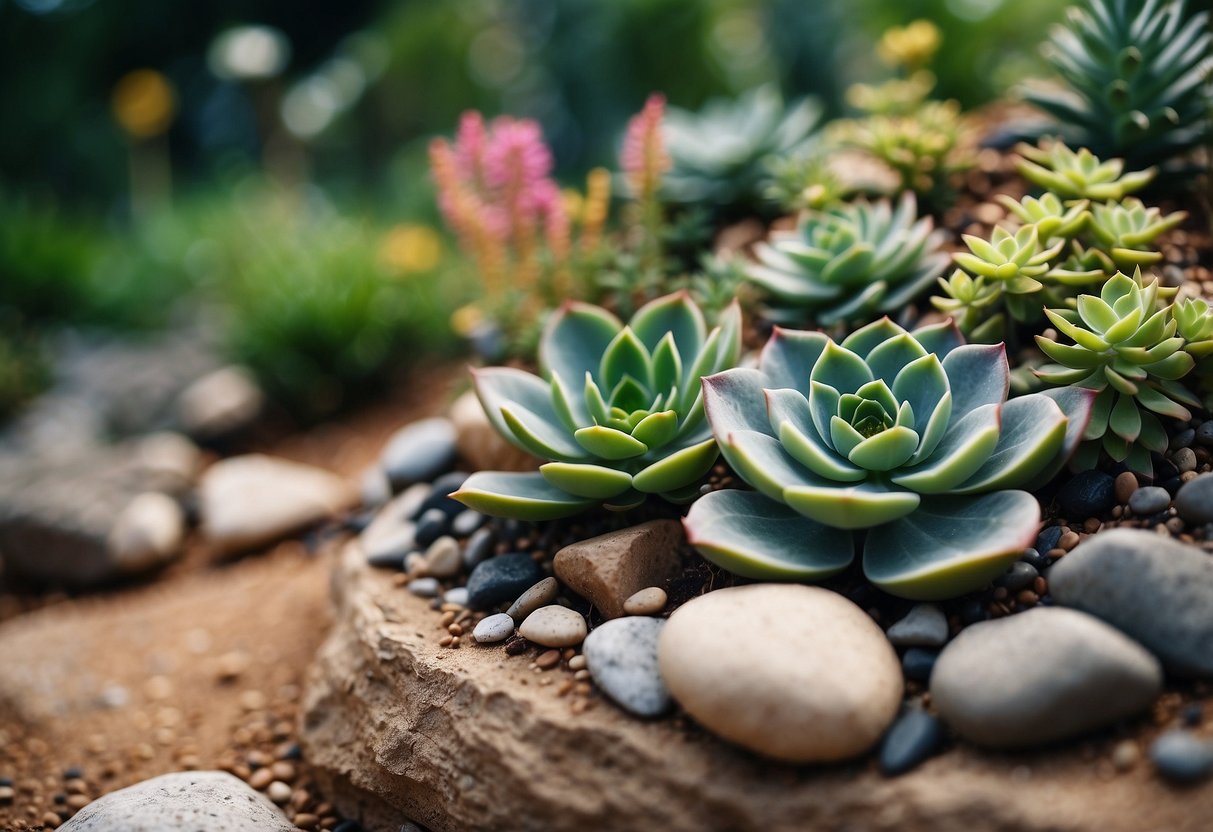 Slope garden with succulents and rocks