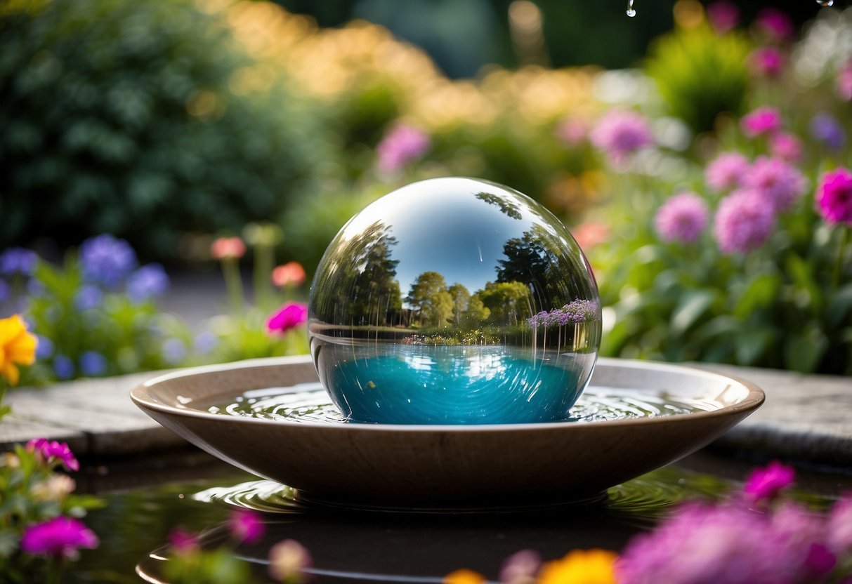 A sleek, contemporary sphere fountain glistens in a lush garden, surrounded by vibrant greenery and colorful flowers. Water cascades gently over the smooth surface, creating a tranquil and elegant focal point