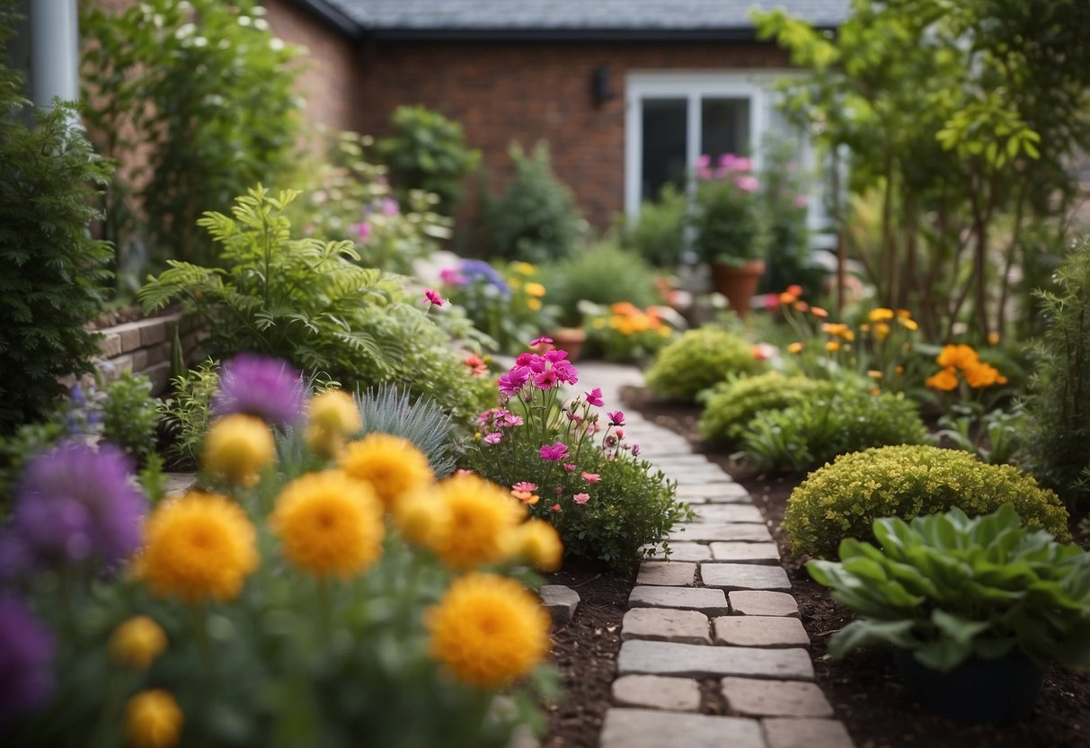 A small backyard garden with colorful flowers and plants, featuring a decorative wall art piece as the focal point