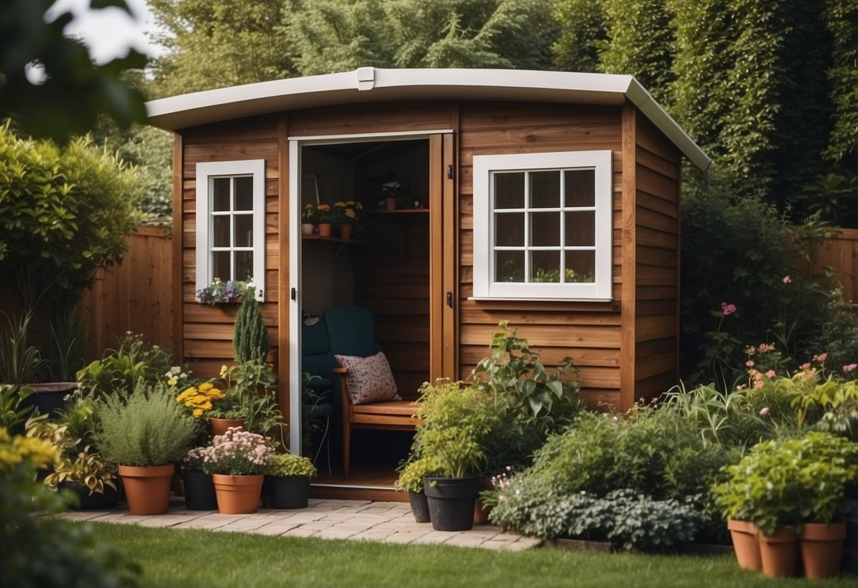 A cozy shed nestled in a lush, compact garden with creative small backyard landscaping ideas