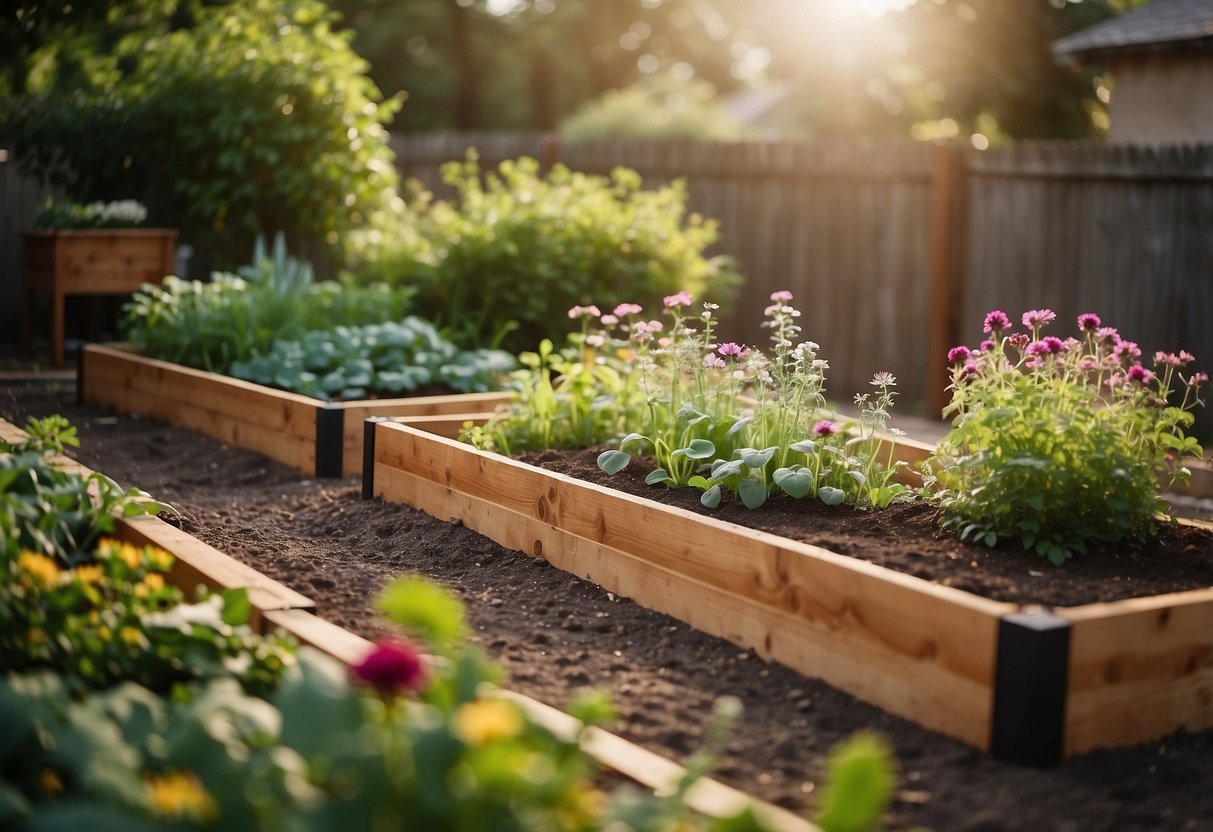 Three raised garden beds in a small backyard, filled with a variety of plants and flowers