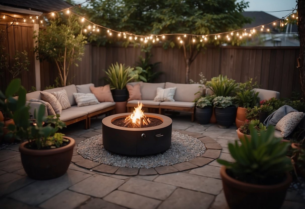 A small backyard with a portable fire pit surrounded by cozy seating, string lights, and potted plants