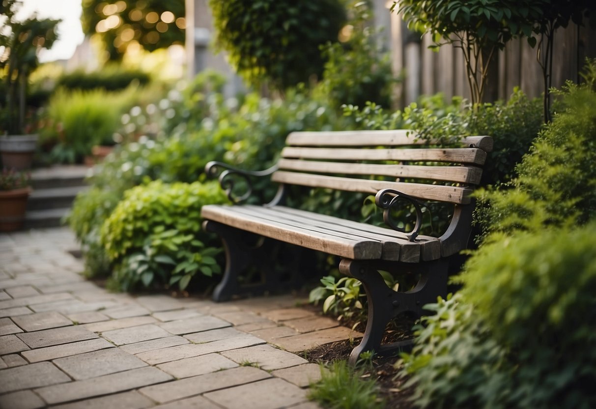 A cozy corner bench nestled among lush greenery in a small backyard garden