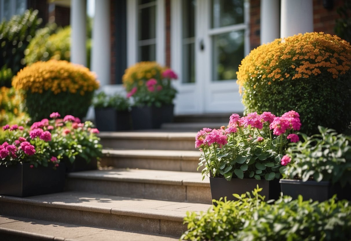 A small front garden with tiered planters, filled with colorful flowers and lush greenery, creating a vibrant and inviting space