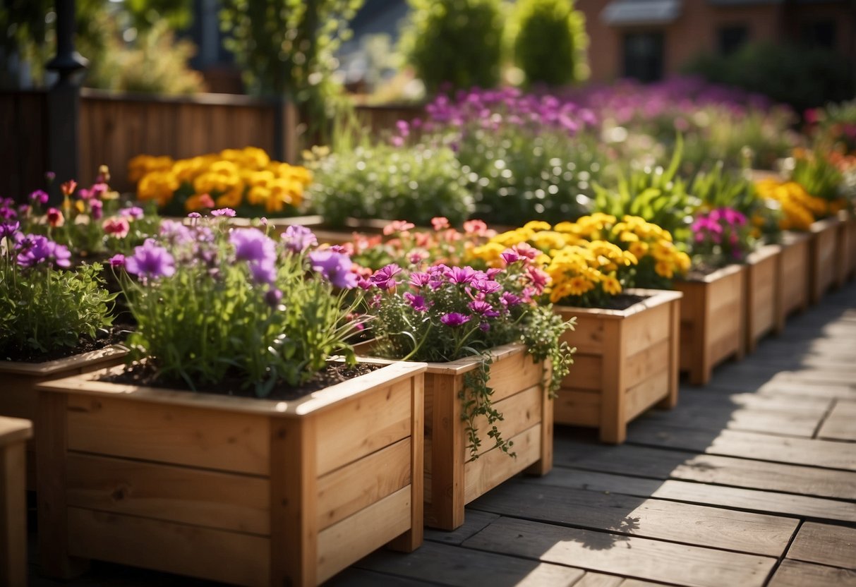 Wooden planters arranged in a small garden, filled with colorful flowers and herbs. The planters are raised off the ground, creating a neat and organized display