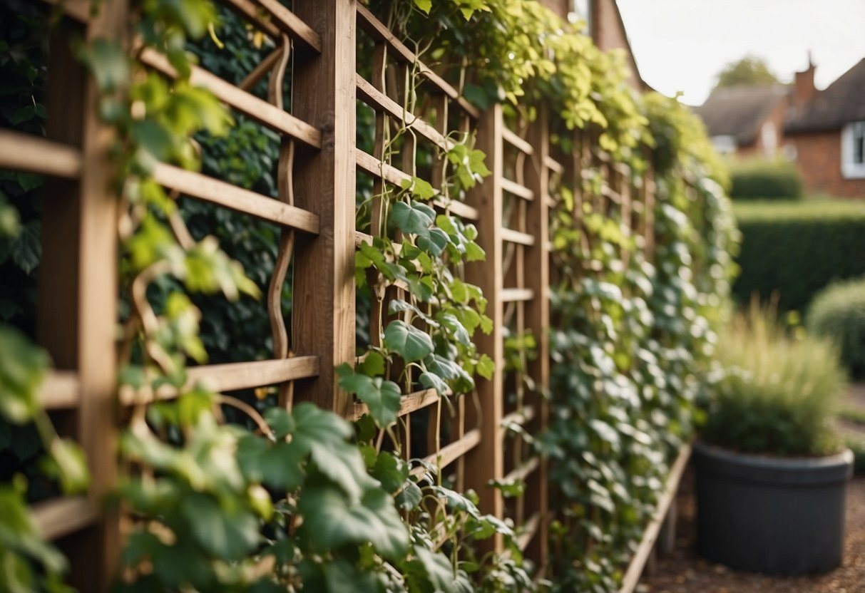 A wooden trellis stands in a small UK garden, adorned with lush climbing vines weaving their way up the structure