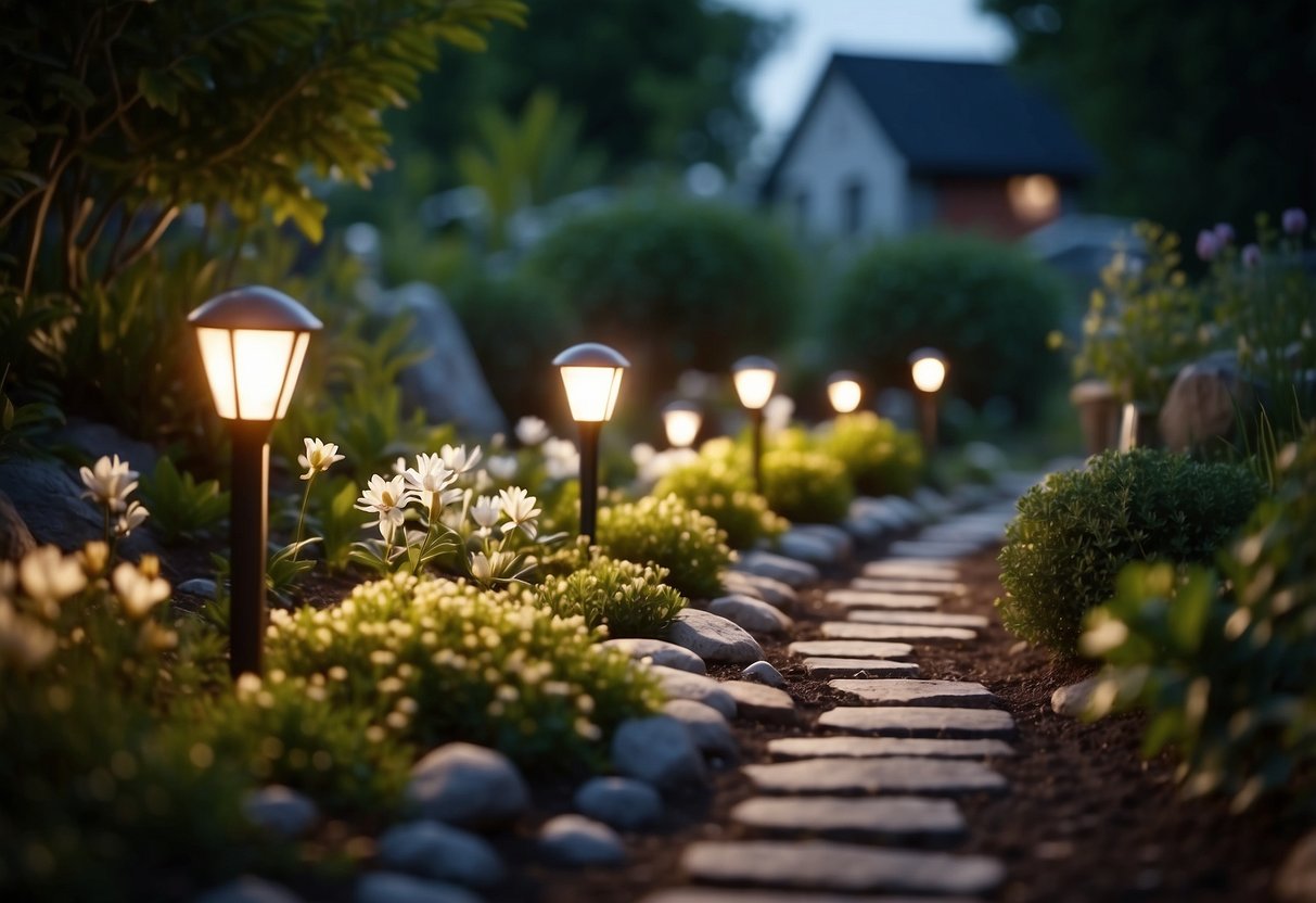 A small garden with solar-powered lights illuminating the pathway and highlighting the surrounding plants and flowers