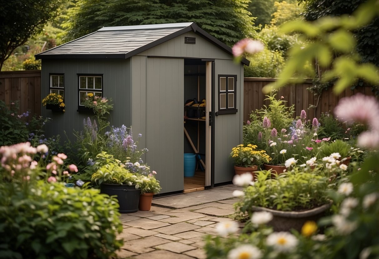 A compact storage shed nestled in a lush garden, surrounded by blooming flowers and neatly organized gardening tools