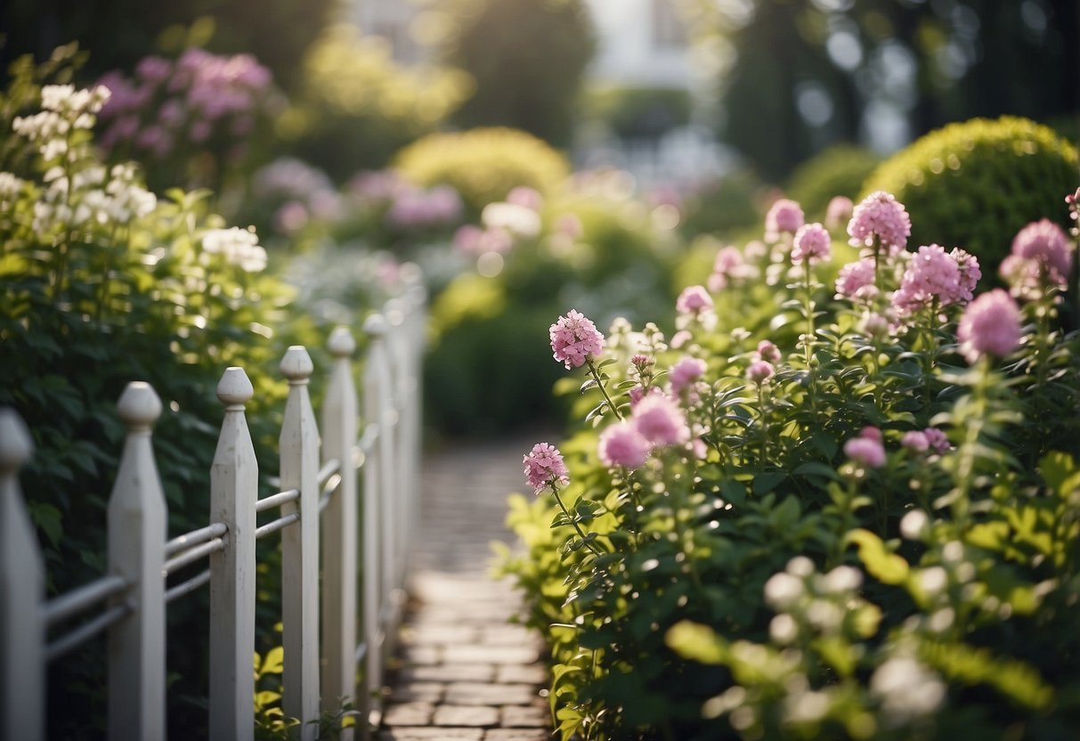 A charming garden with decorative fencing, blooming flowers, and lush greenery