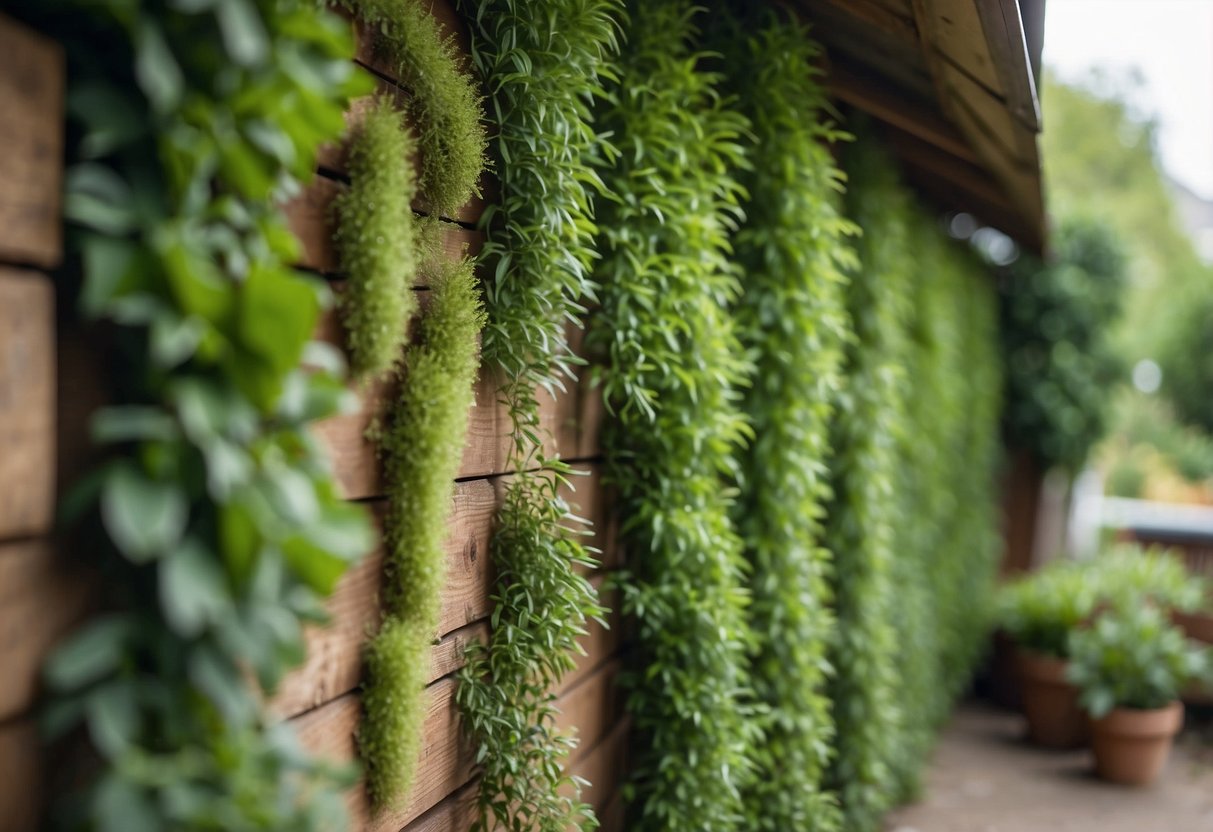 A vertical plant wall adorns an open garden shed, creating a lush and vibrant backdrop for the outdoor space