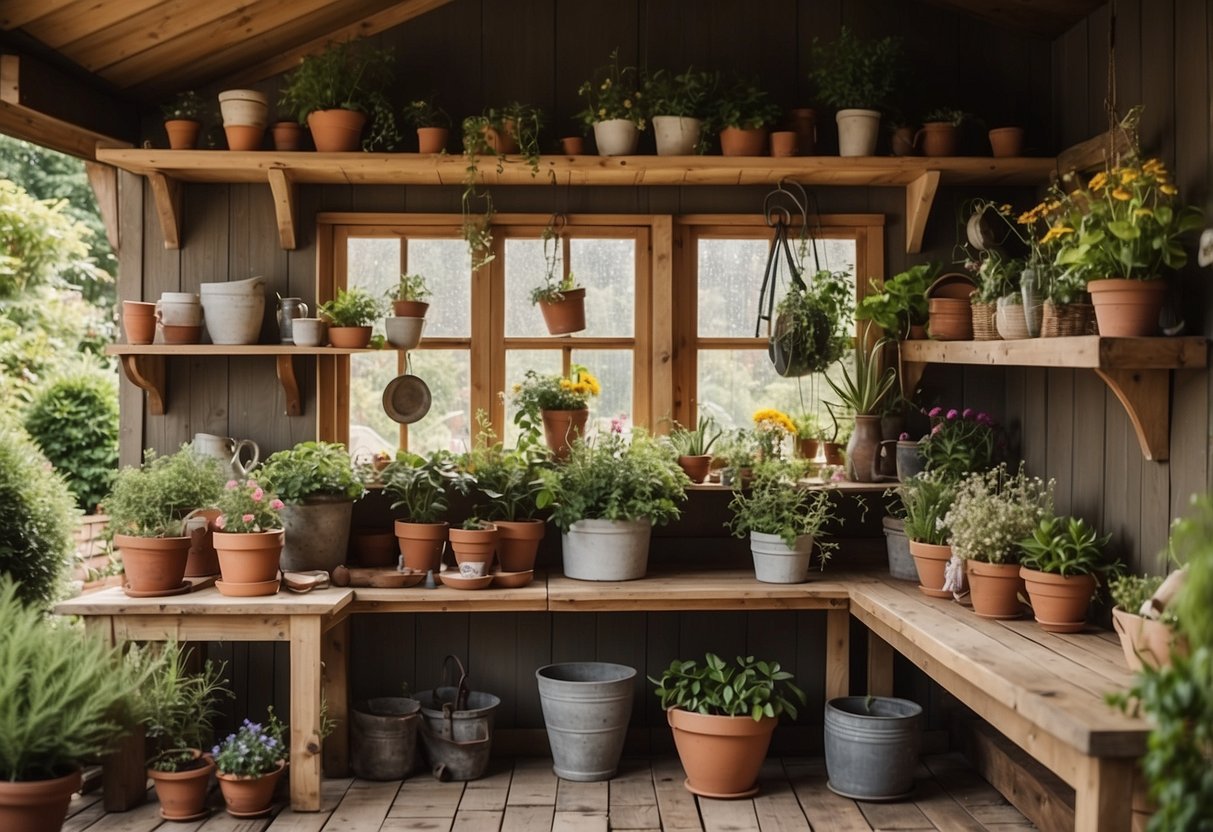 A rustic potting bench with gardening tools and potted plants, set up in an open garden shed with hanging baskets and shelves for storage