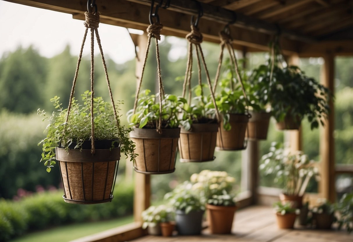 Several hanging planters adorn a rustic garden shed, adding charm and greenery to the outdoor space