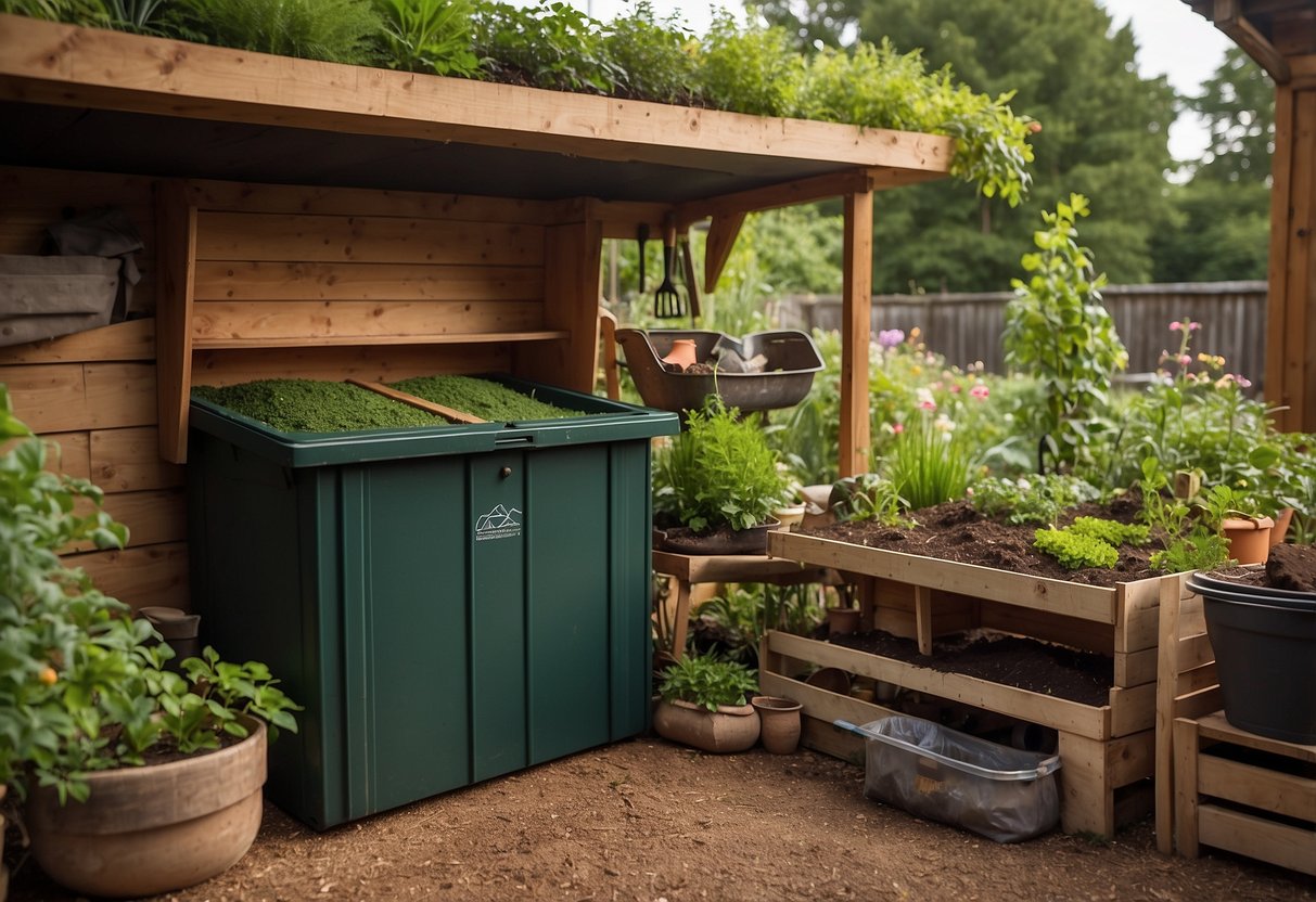 A wooden compost bin sits in a lush garden shed, surrounded by gardening tools and bags of soil. The shed is made of recycled materials and has a green roof with plants growing on top