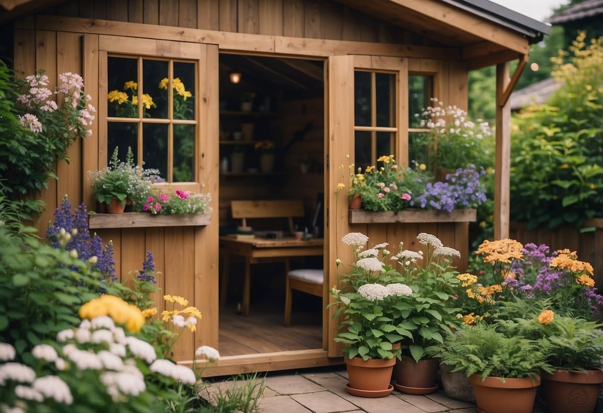 A garden shed with vibrant DIY art pieces on display, surrounded by blooming flowers and lush greenery