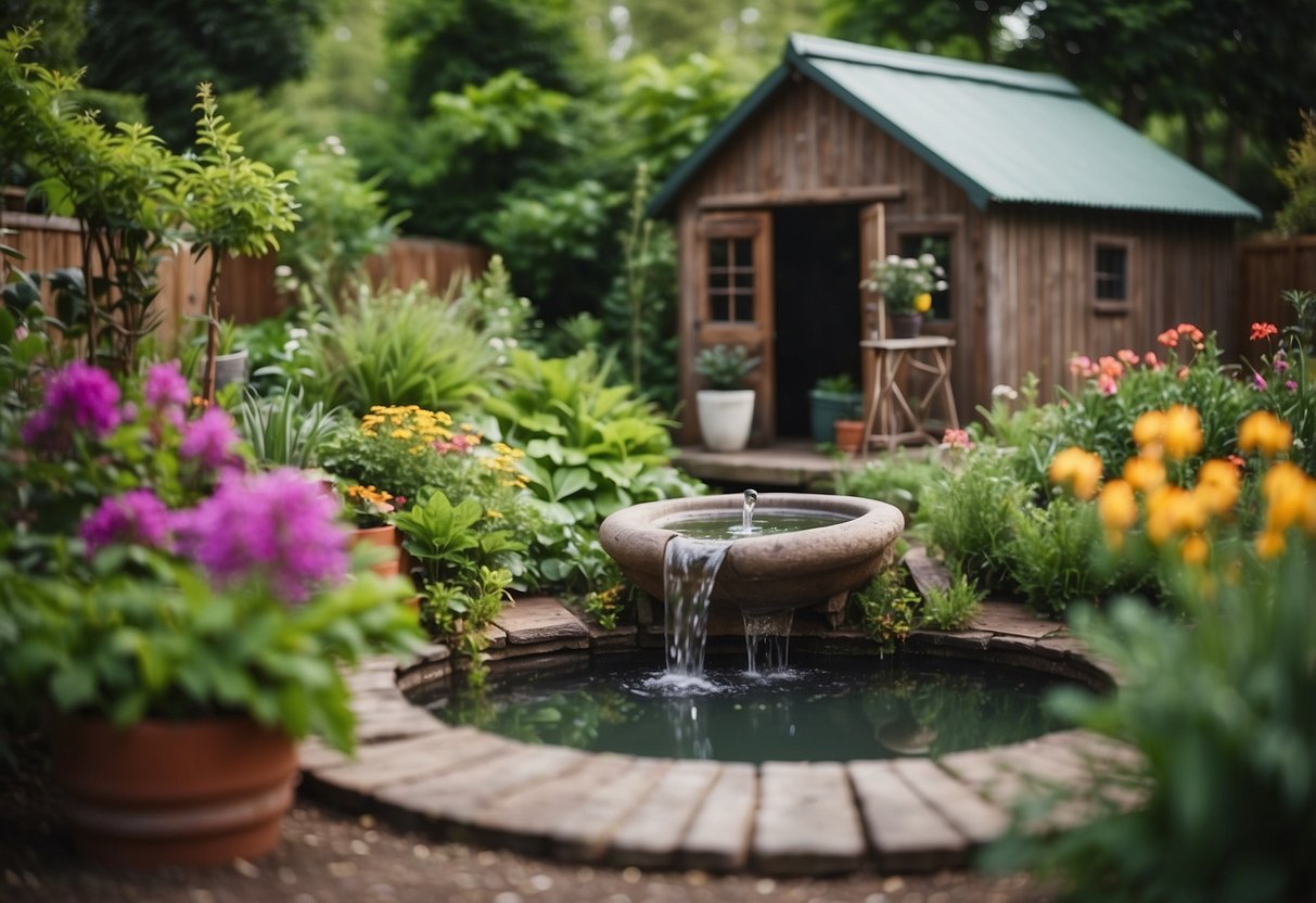 A small water feature nestled among open garden sheds, surrounded by lush greenery and colorful flowers